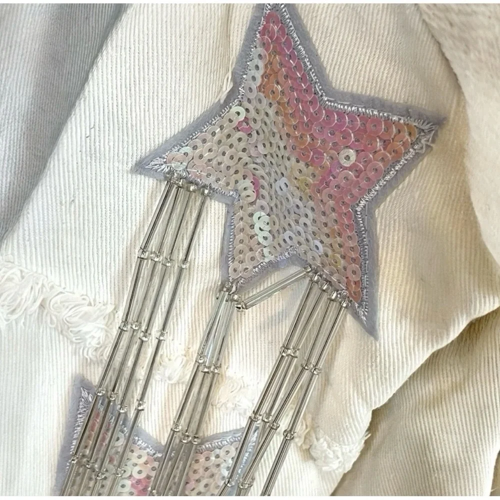 BLUE VELVET off white denim sequin and bead fringe detail Shacket/top size S M L - Picture 9 of 10